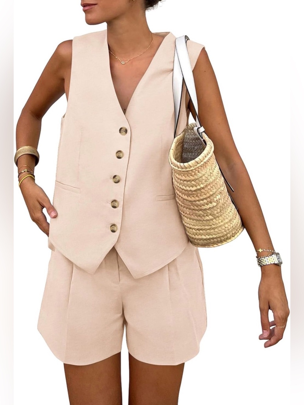 Women's Sleeveless Button Vest and Shorts set in Beige